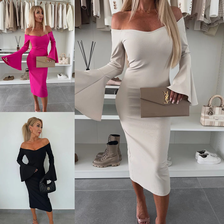 Damen Figurbetontes Wickelkleid mit schulterfreiem Design und weit geschnittenen Ärmeln Drune