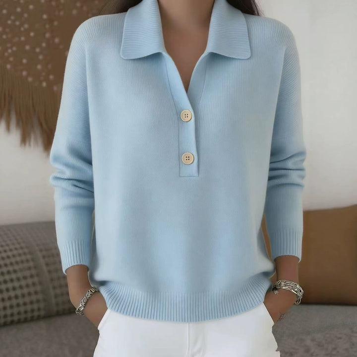 Damen lässiger Feinstrickpullover mit Polokragen und Zwei-Knopf-Leiste Drune