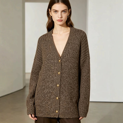 Damen Grobgestrickter Rippencardigan mit goldfarbenen Knöpfen und V-Ausschnitt Drune