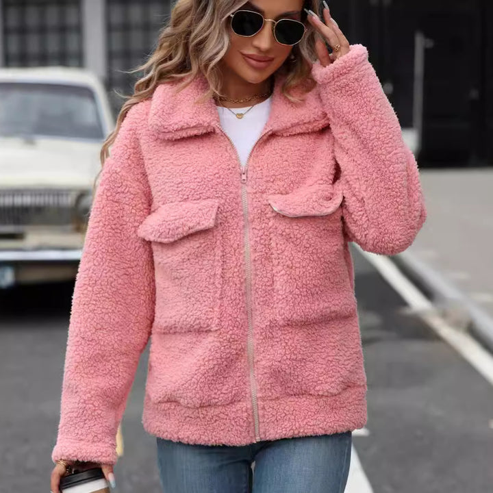 Damen Kuscheljacke mit großen Vordertaschen und Reißverschluss Drune