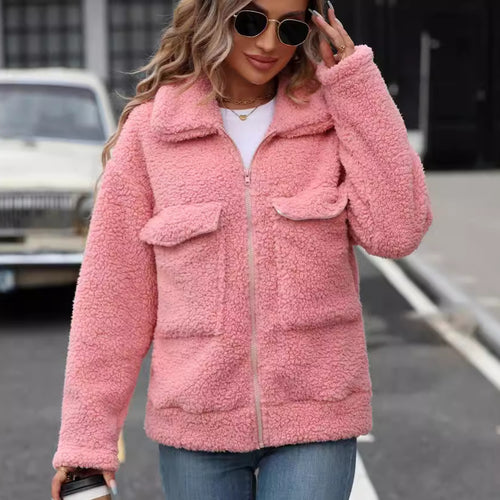 Damen Kuscheljacke mit großen Vordertaschen und Reißverschluss Drune