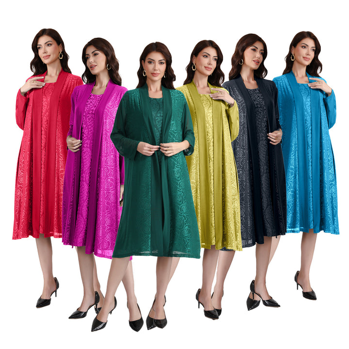 Damen Zweiteiliges Midikleid-Set mit floralem Jacquard-Overlay und offenem Mantel Drune