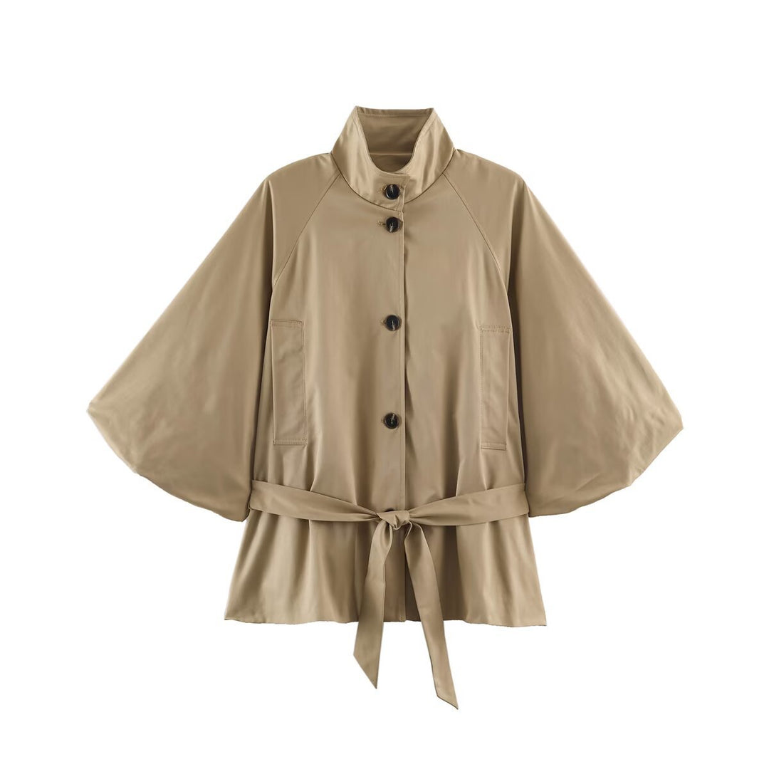 Damen Kurzes Cape‑Trench mit weitem Fledermausärmel, Stehkragen und Taillengürtel Drune