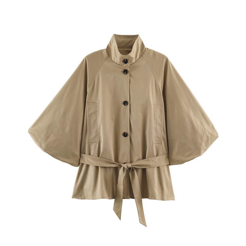 Damen Kurzes Cape‑Trench mit weitem Fledermausärmel, Stehkragen und Taillengürtel Drune