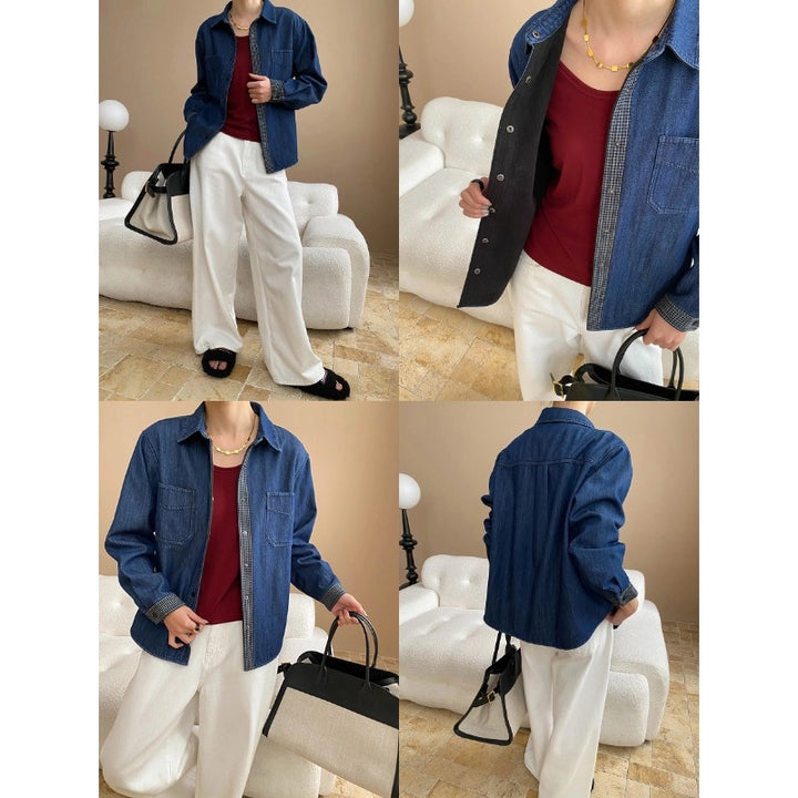 Damen lässige Denim-Hemdjacke mit karierten Details Drune