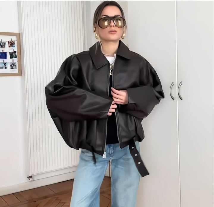 Damen oversized Kunstlederjacke mit lässigem Schnitt Drune