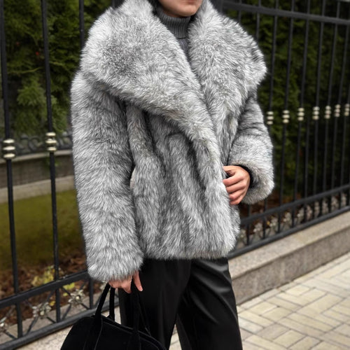 Damen elegante Kunstfelljacke mit voluminösem Kragen und verschließbaren Taschen Drune