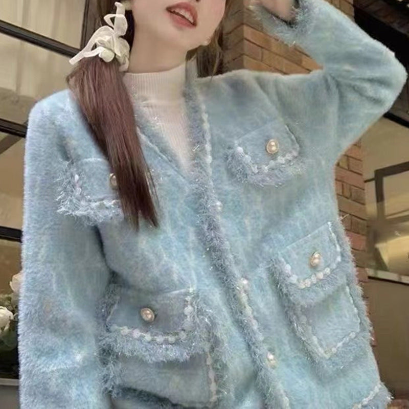 Damen Flauschige Strickjacke mit eleganten Knopfdetails und dekorativem Saum Drune