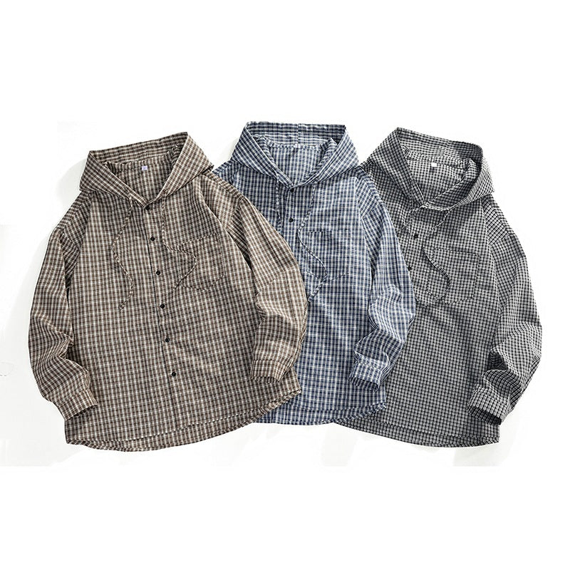 Herren Karierter Overshirt-Hoodie aus Baumwollmix mit Kapuze & Relaxed-Fit Drune