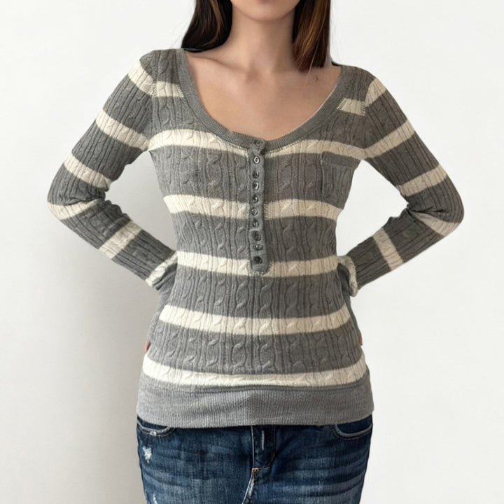 Damen Gestreifter Feinstrick-Pullover mit Zopfmuster und Knopfleiste Drune