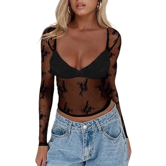 Damen Transparente Spitzenbluse mit eleganten Details Drune