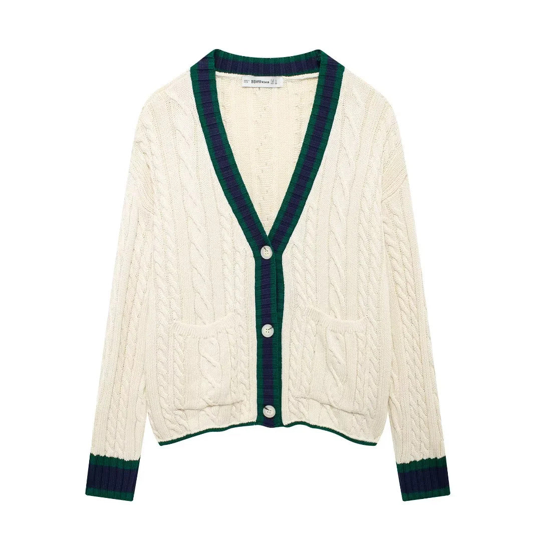 Damen nan Zopfmuster-Cardigan mit V-Ausschnitt, aufgesetzten Taschen und Kontrastkanten Drune