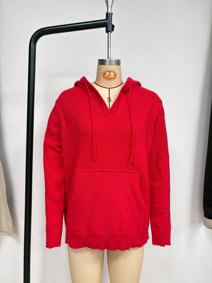Damen Feinstrick Kapuzenpullover mit V-Ausschnitt und Kängurutasche Drune