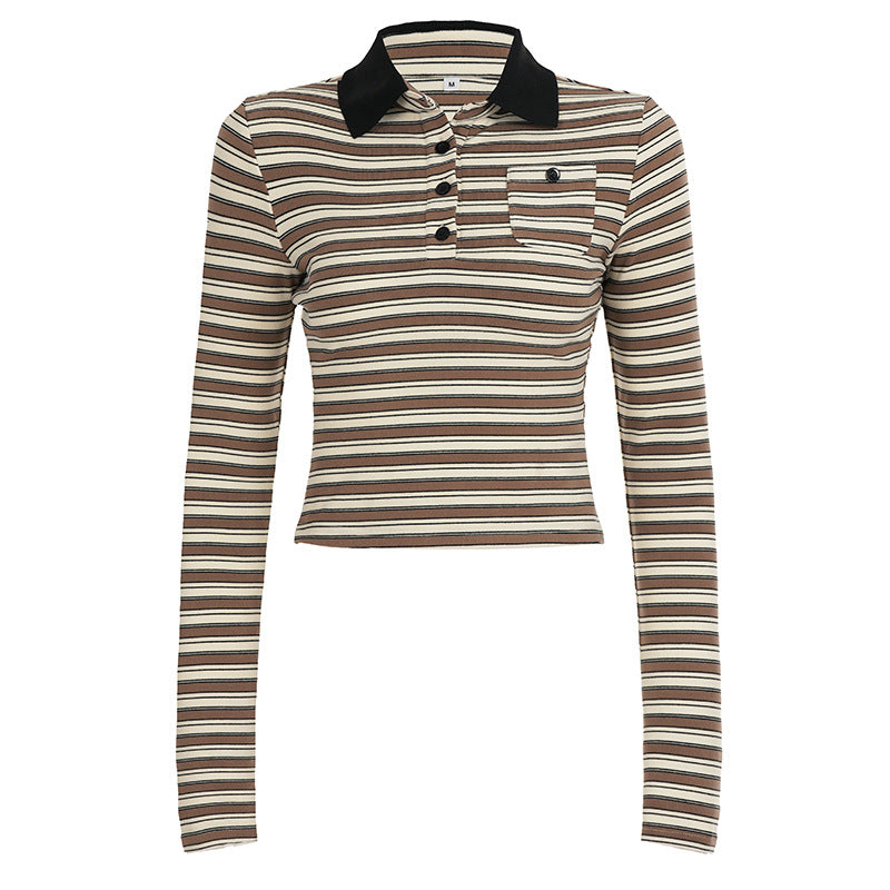 Damen nan gestreiftes Polo-Crop-Longsleeve mit kontrastkragen und Brusttasche Drune