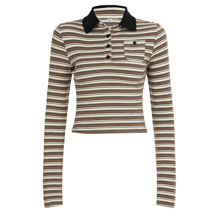 Damen nan gestreiftes Polo-Crop-Longsleeve mit kontrastkragen und Brusttasche Drune