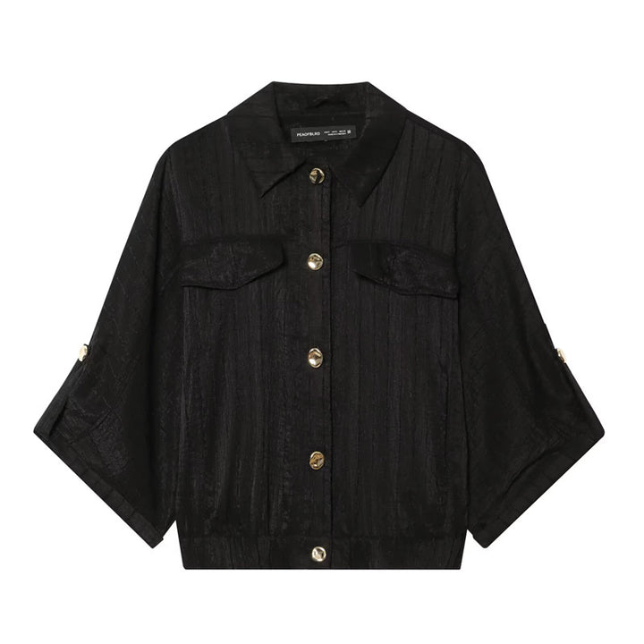Damen kastige Overshirt-Jacke taillenkurz mit 3/4-Ärmeln und goldknöpfen Drune