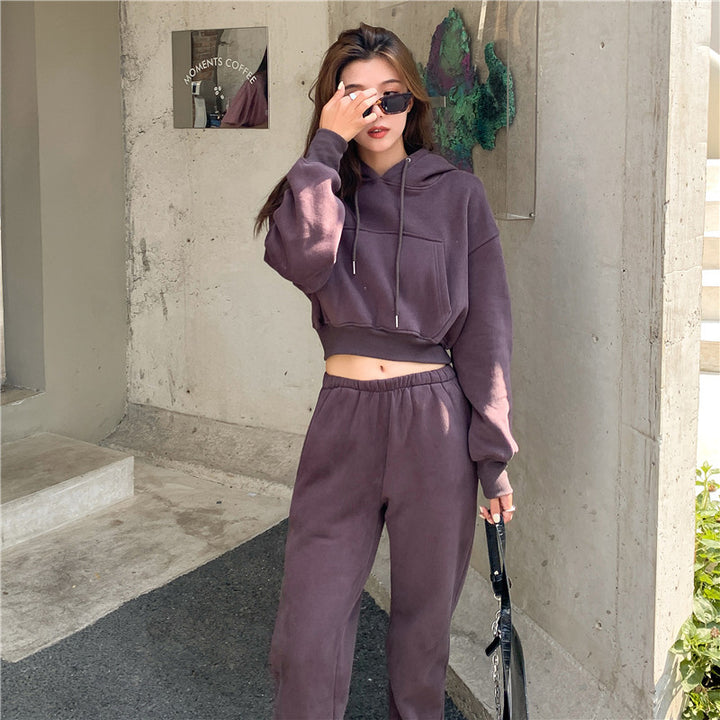 Damen lässiges Sportanzug-Set mit cropped Hoodie und bequemen Jogginghose Drune
