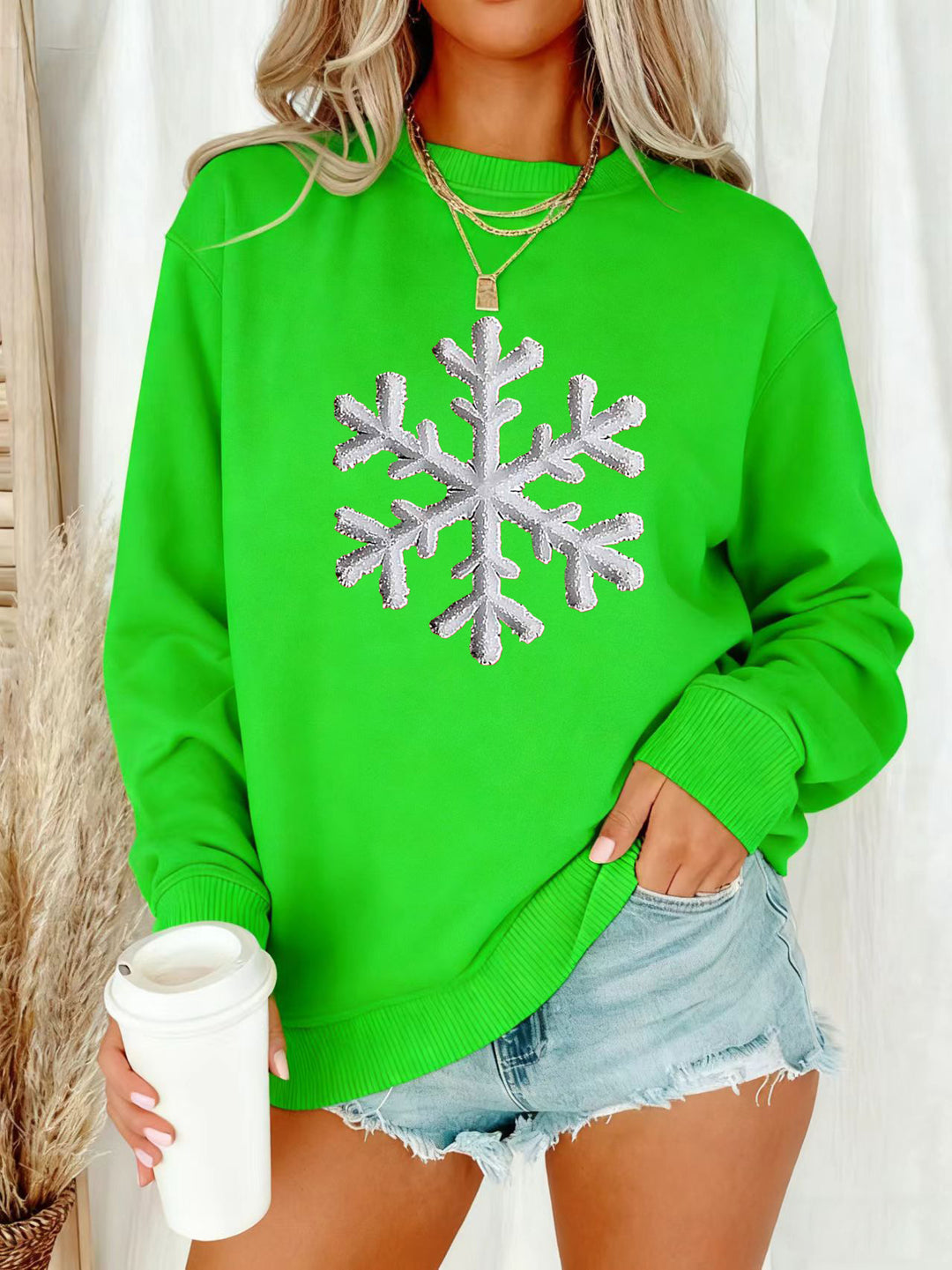 Damen Sweatshirt mit funkelndem Schneeflockenmotiv und lässigem Schnitt Drune