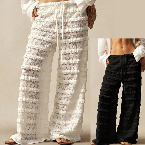 Damen Weite Spitzen-Hose mit Stufenvolants, Smokbund und Kordelzug Drune