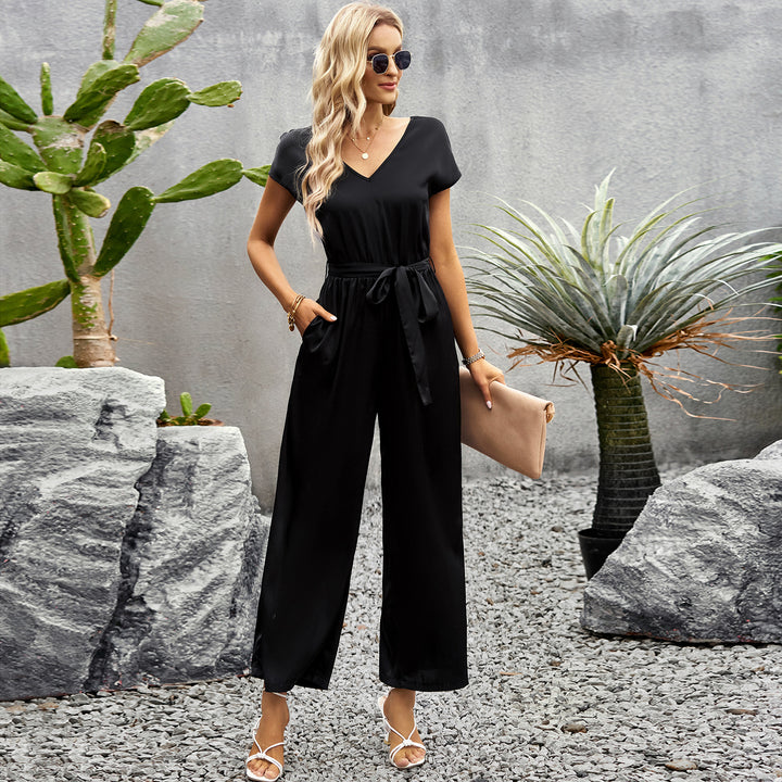 Damen eleganter Jumpsuit mit V-Ausschnitt und Bindegürtel Drune