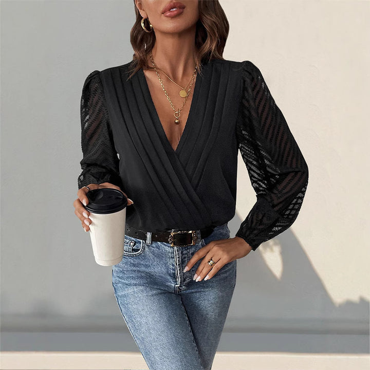 Damen Elegante Wickelbluse mit plissiertem V-Ausschnitt und transparenten Chevron-Ärmeln Drune