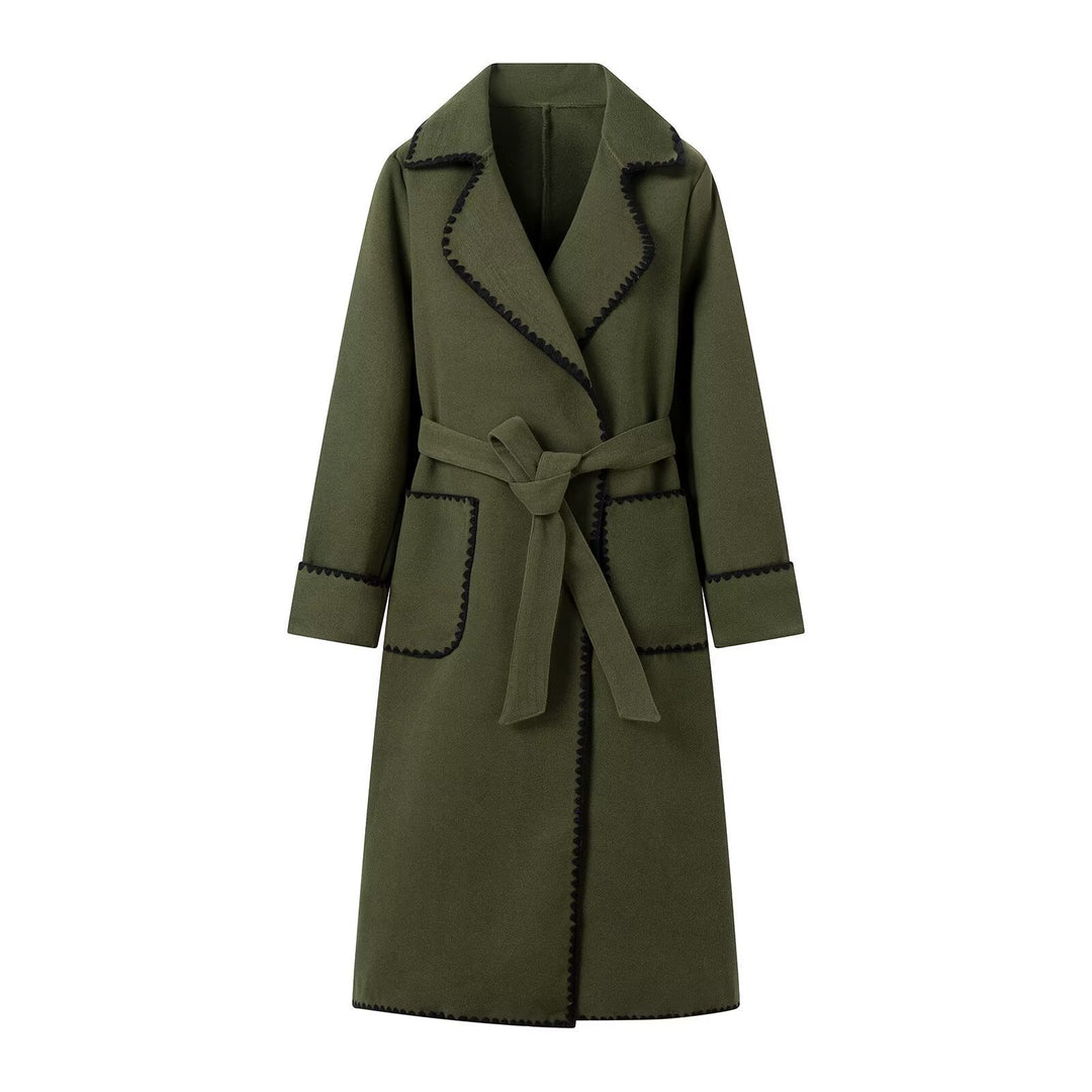 Damen eleganter Langmantel mit taillierbarem Gürtel und kontrastierenden Nähten Drune