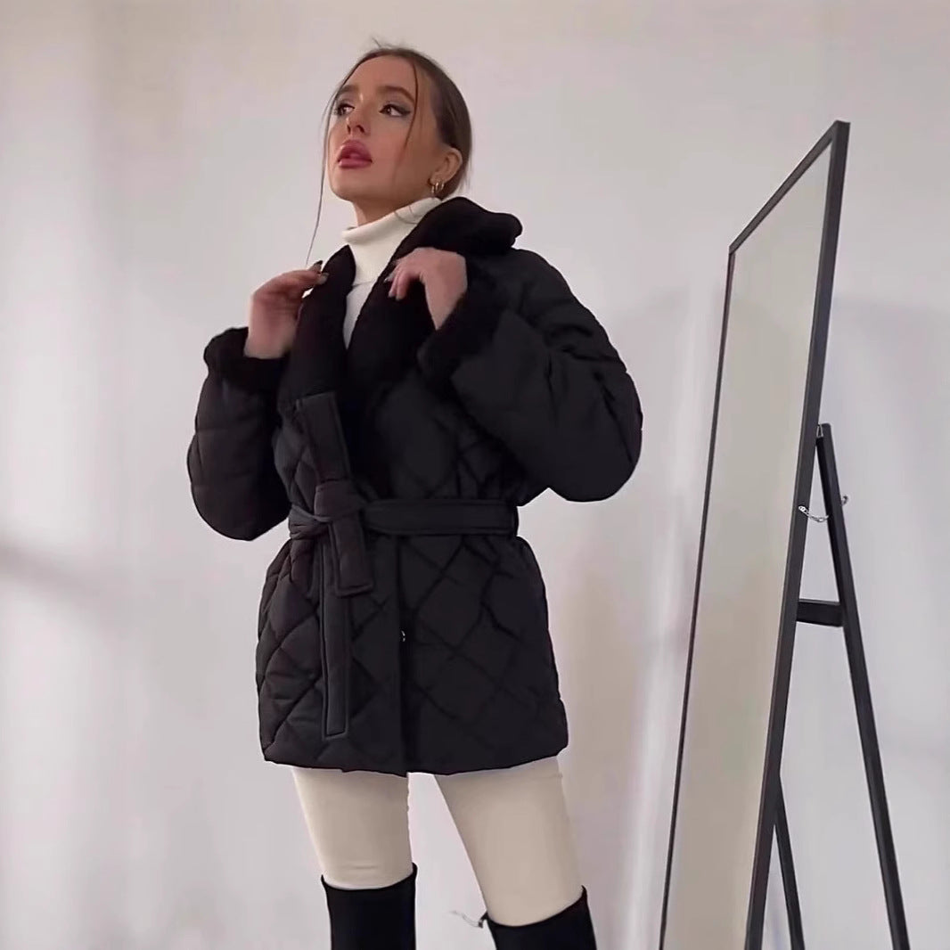 Damen gesteppte Fleecejacke mit Gürtel und großem Kragen Drune