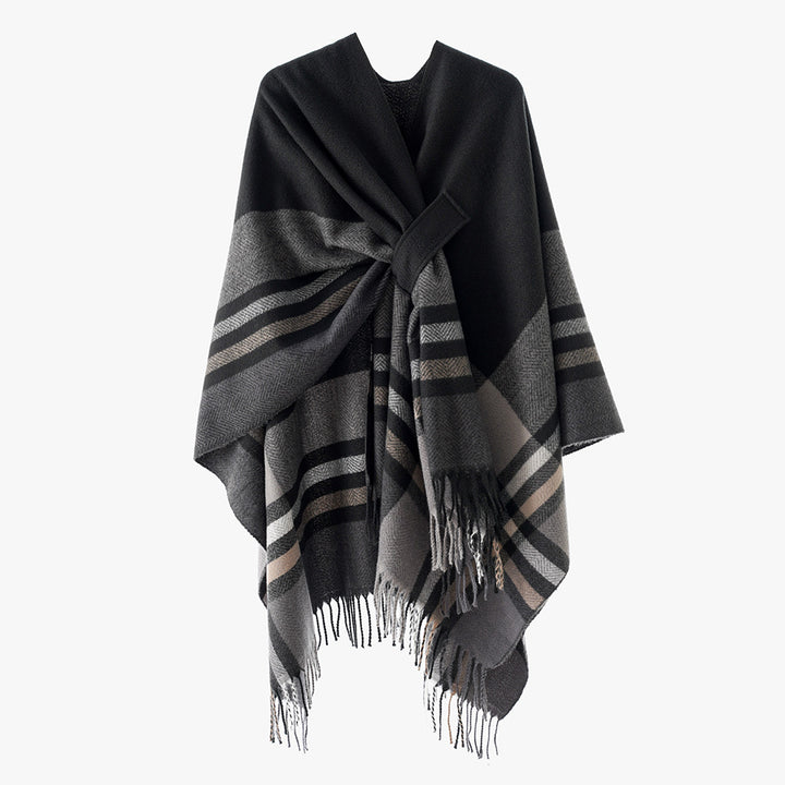 Damen Strickponcho mit geometrischem Blockmuster und Fransen Drune