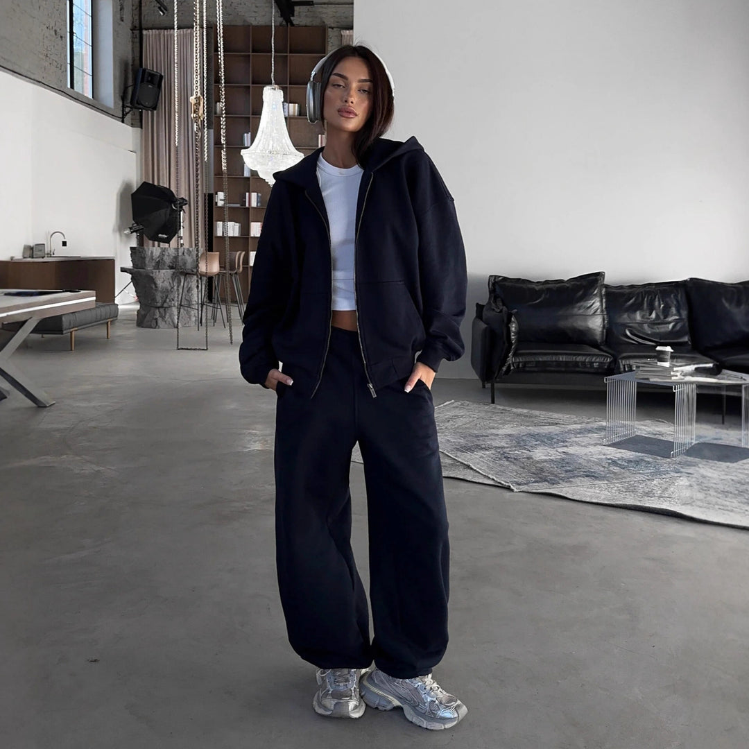 Damen lässiges Zip-Lounge-Set mit übergroßer Kapuzenjacke und taillierter Relax-Jogginghose Drune