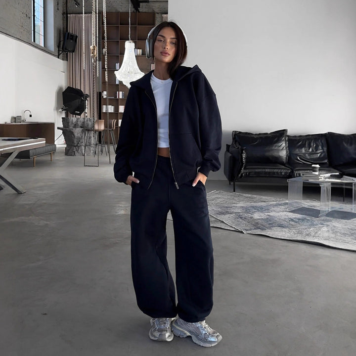 Damen lässiges Zip-Lounge-Set mit übergroßer Kapuzenjacke und taillierter Relax-Jogginghose Drune