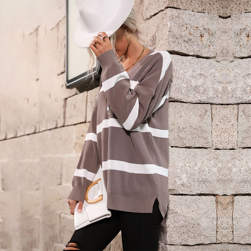 Damen Oversize V-Ausschnitt Strickpullover mit Knopfleiste und Blockstreifen Drune
