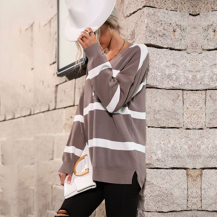 Damen Oversize V-Ausschnitt Strickpullover mit Knopfleiste und Blockstreifen Drune