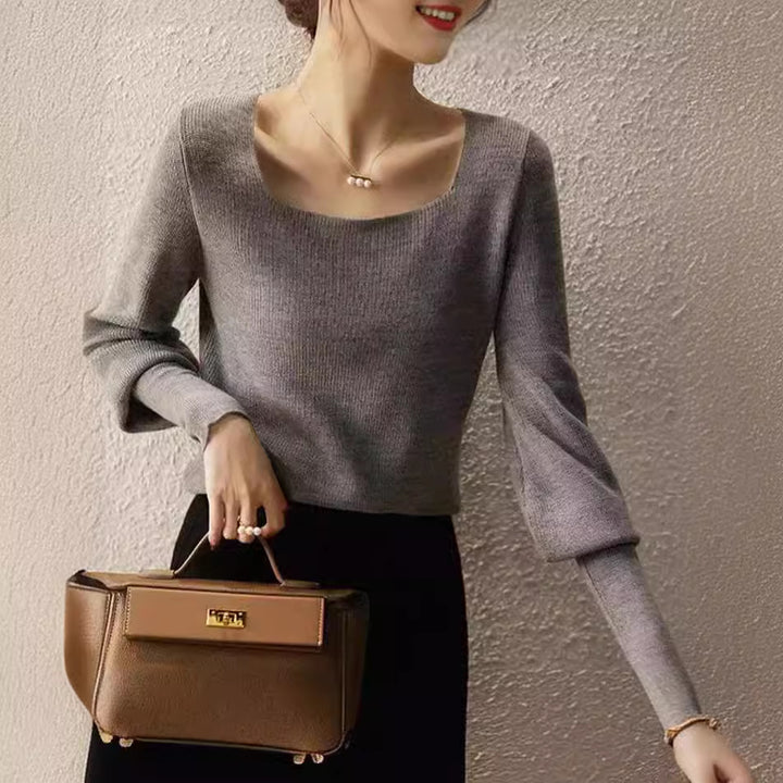 Damen eleganter Strickpullover mit schickem Quadrat-Ausschnitt und weitem Schnitt Drune