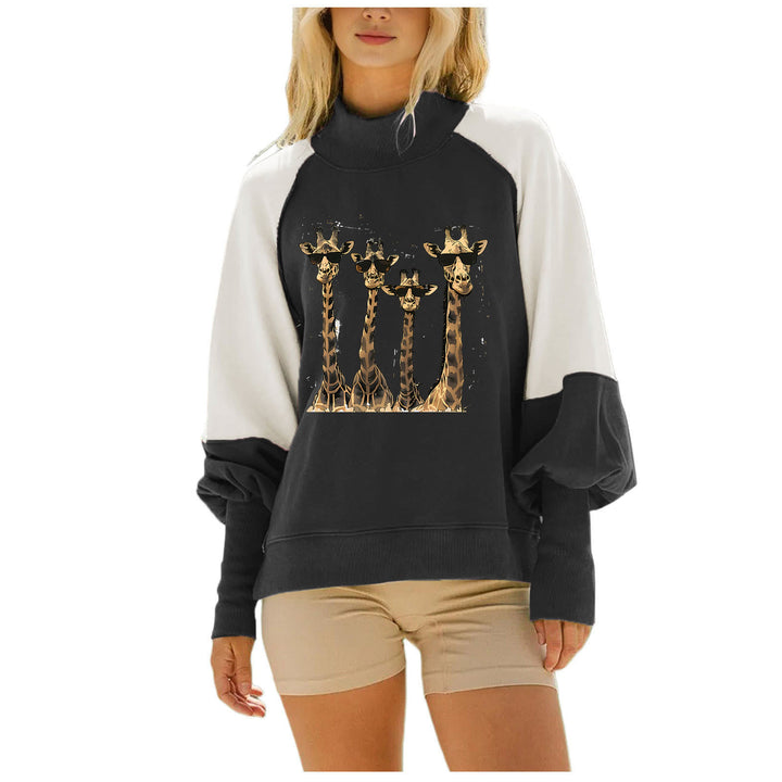Damen nan lässiges Oversize Sweatshirt mit hohem Rollkragen, Raglanärmeln und Giraffen-Print Drune