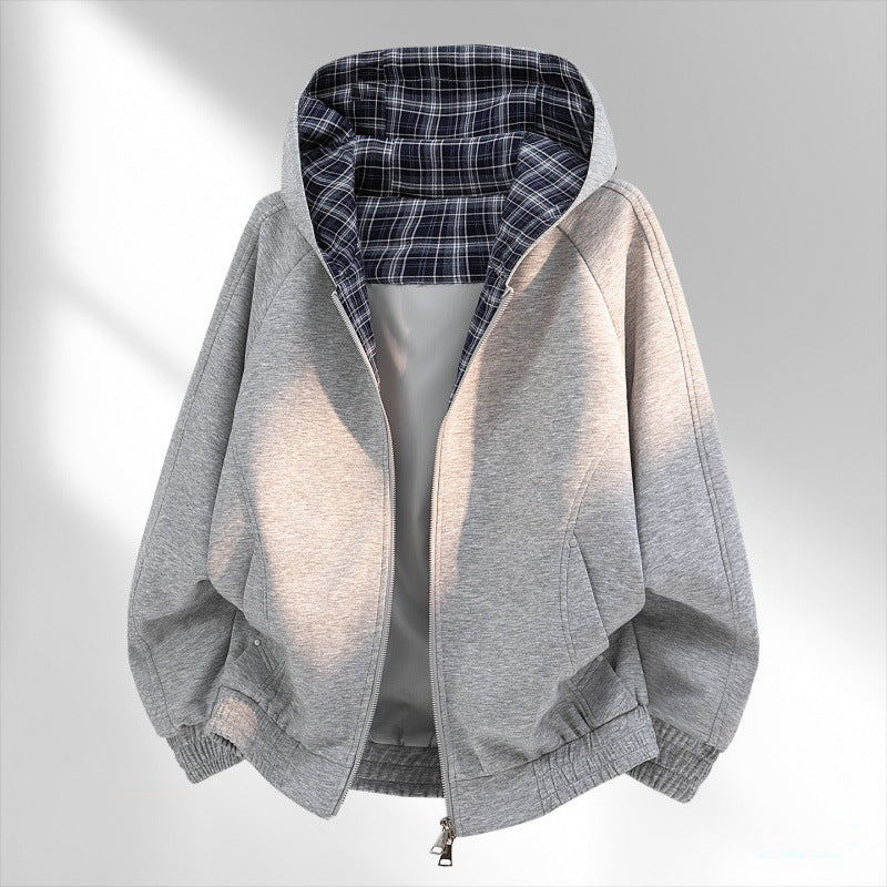 Damen lässiger Sweat-Bomber mit gesteppter Karofütterung in Kapuze und elastischem Saum Drune