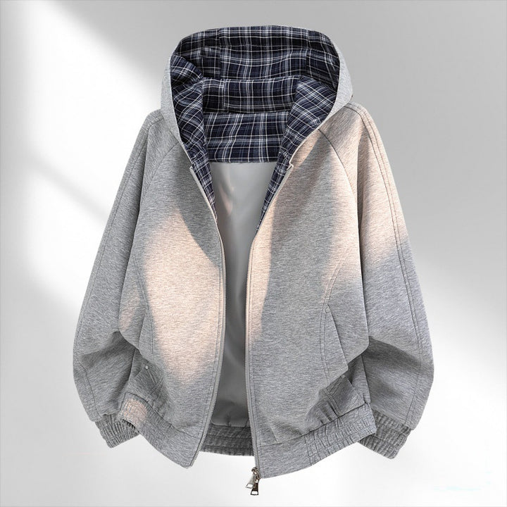 Damen lässiger Sweat-Bomber mit gesteppter Karofütterung in Kapuze und elastischem Saum Drune