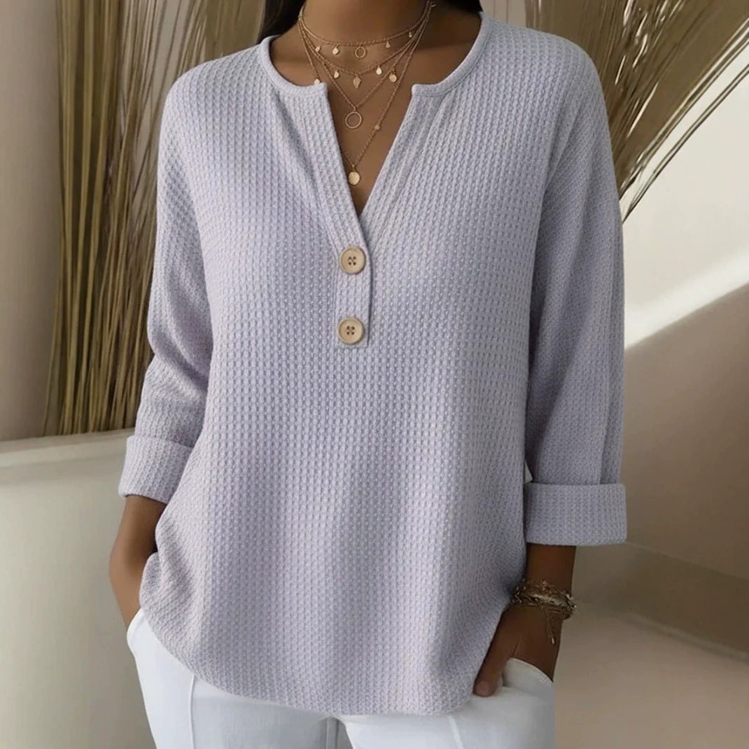 Damen nan Waffelstruktur Henley-Shirt mit V-Ausschnitt kurze Knopfleiste und krempelbaren 3/4-Ärmeln Drune