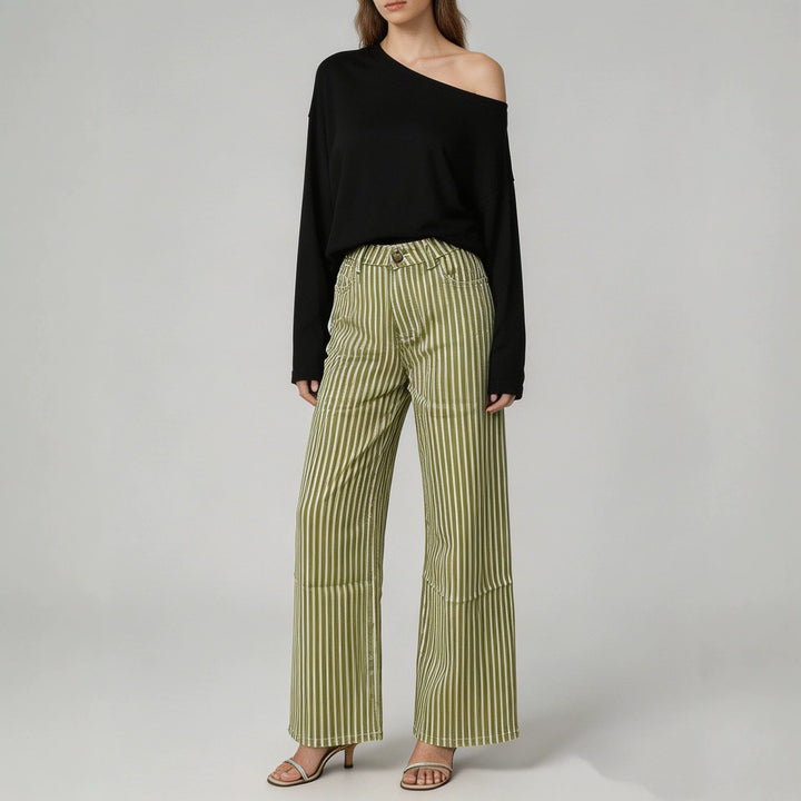 Damen nan weite High-Waist Palazzohose mit vertikalen Streifenoptik und abgesteppten Kniepartien Drune