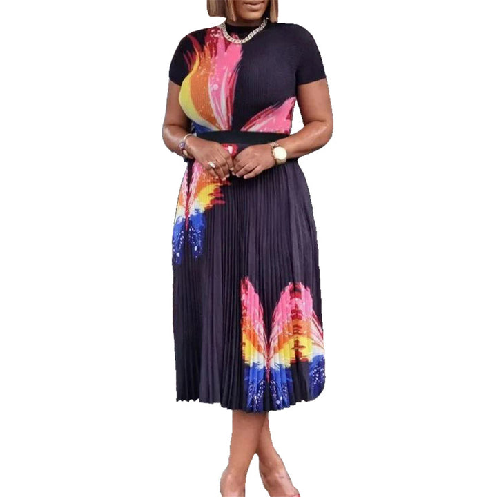 Damen Maxikleid mit buntem Schmetterlingsdesign und eleganter Plisseefalte Drune