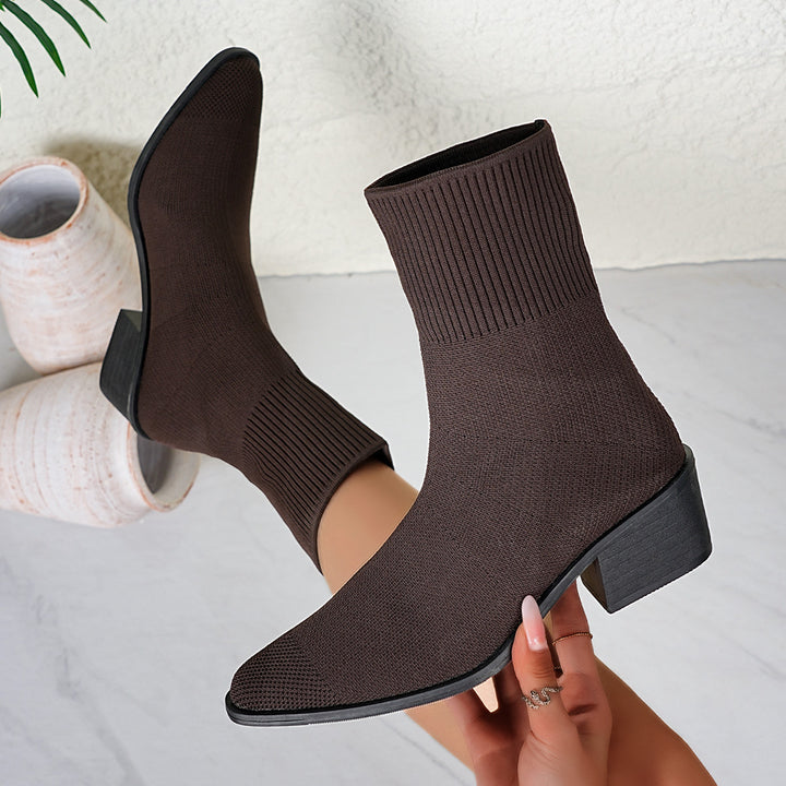 Damen Strick-Stiefelette mit sockenhaftem Schaft und mittelhohem Blockabsatz Drune
