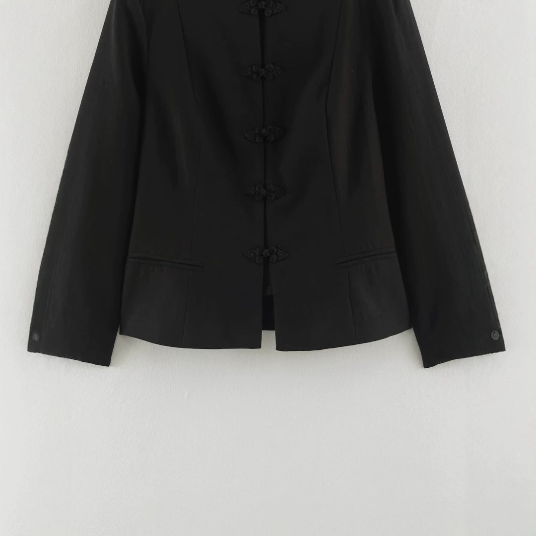 Damen Kurzjacke im Chinoiserie‑Stil mit Stehkragen und Knotenknopfverschluss Drune