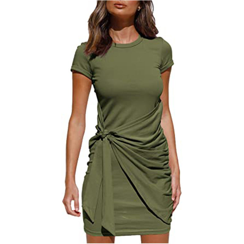 Damen Kurzarm Wickelkleid mit Raffung und Knoten Detail Drune
