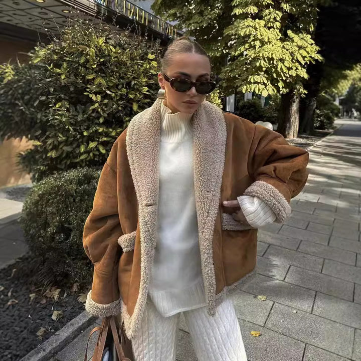 Damen Kuschelige Teddyjacke mit weitem Schnitt und eleganten Knopfdetails Drune