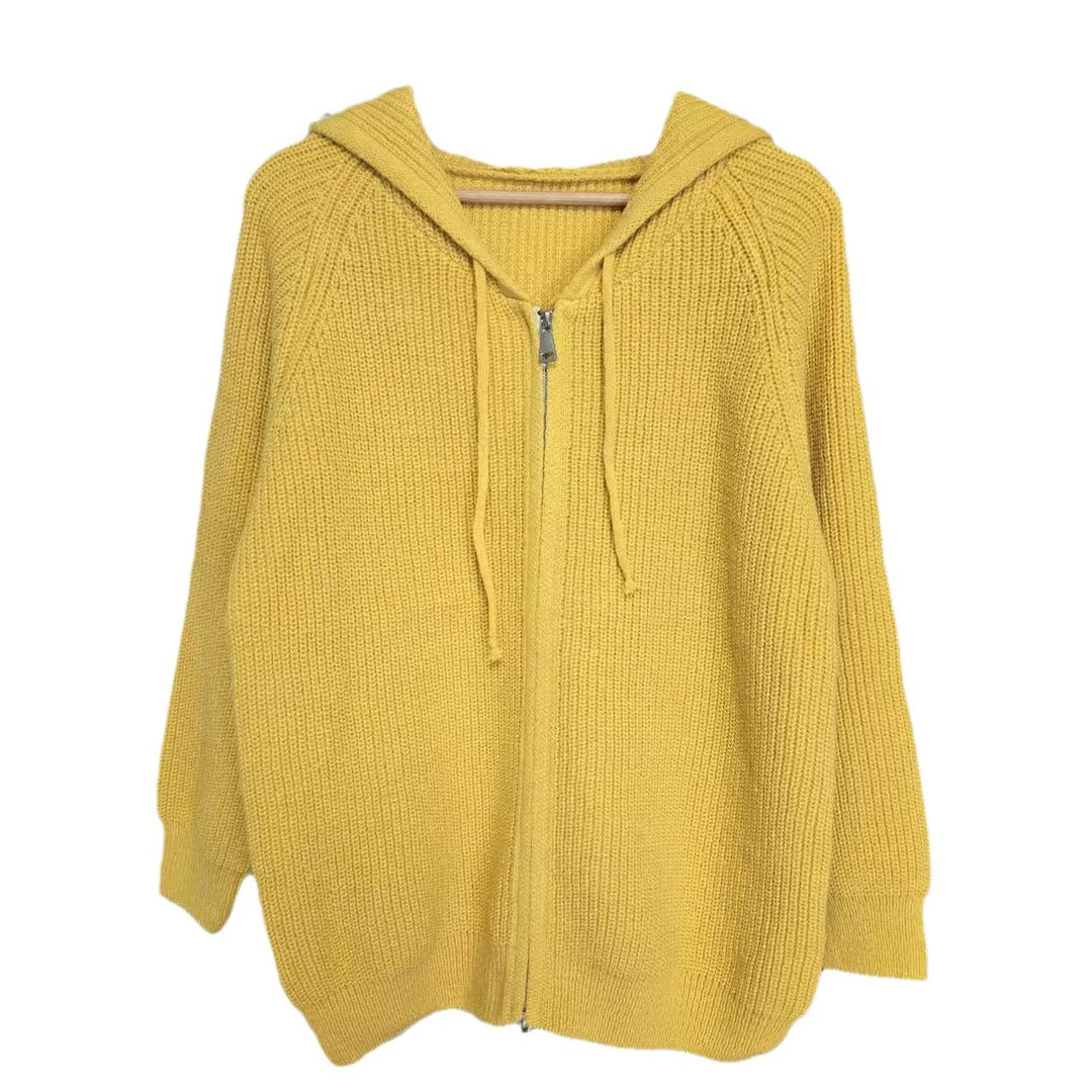 Damen gemütlicher Strick-Hoodie mit durchgehendem Reißverschluss und Kordelzug Drune