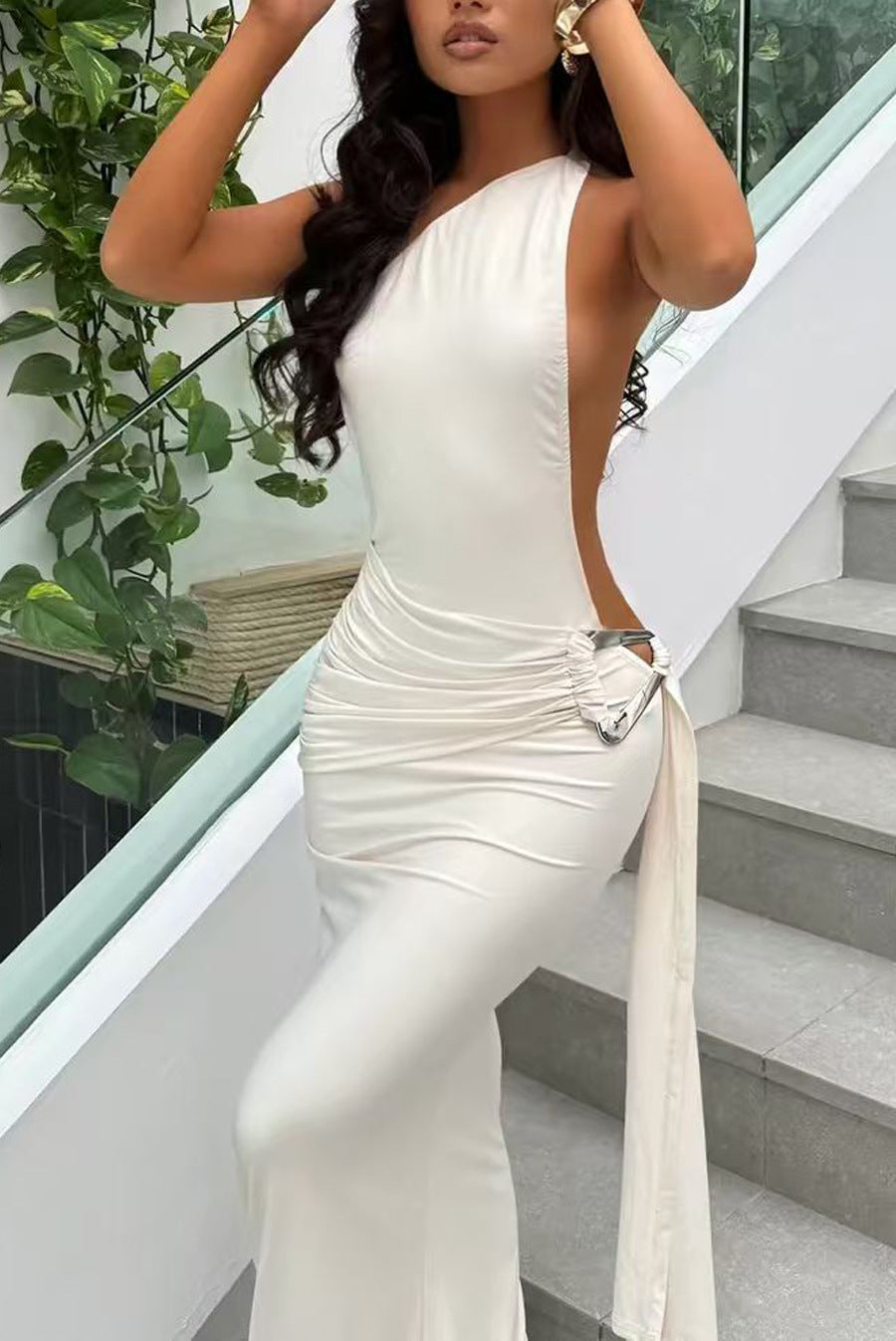 Damen Cut-Out Maxikleid mit elegantem Rückenausschnitt und seitlichen Drapierungen Drune
