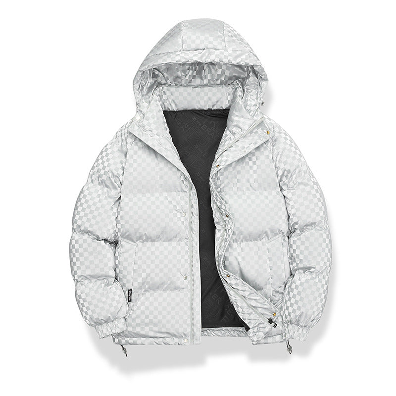 Herren Hochglänzende gesteppte Thermojacke mit Kapuze & Karo‑Struktur Drune