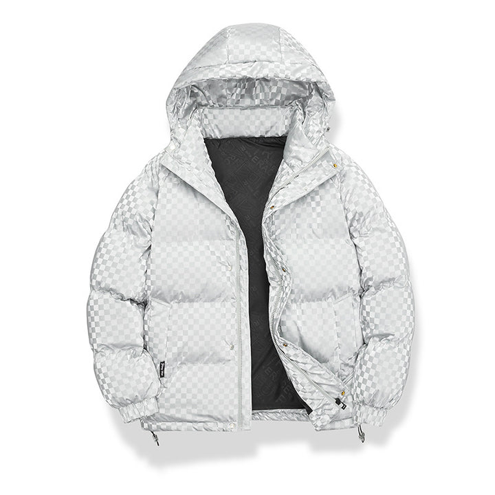 Herren Hochglänzende gesteppte Thermojacke mit Kapuze & Karo‑Struktur Drune