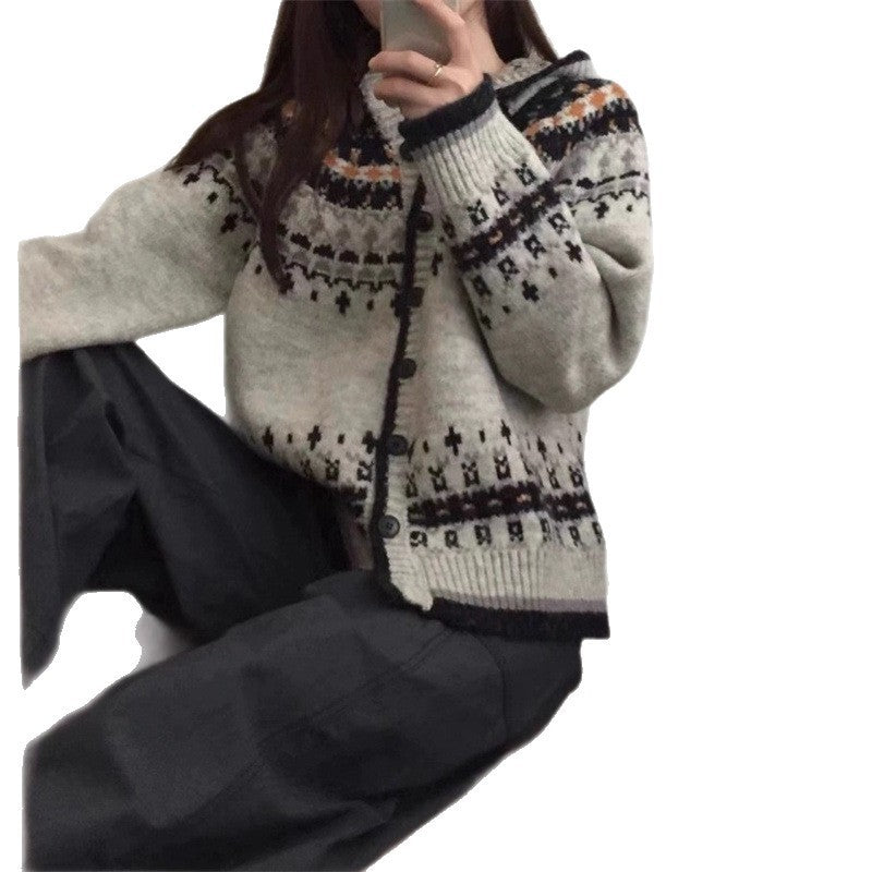Damen modische Strickjacke mit Kapuze und traditionellem Norwegermuster Drune