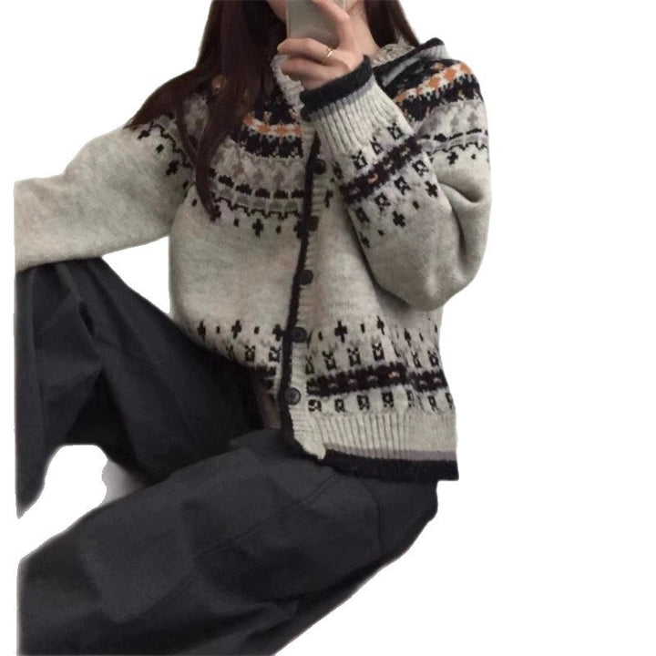 Damen modische Strickjacke mit Kapuze und traditionellem Norwegermuster Drune