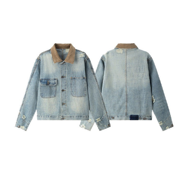 Unisex Boxy-Denimjacke im Worker‑Look mit Cordkragen, Used‑Effekt und großen Brusttaschen Drune